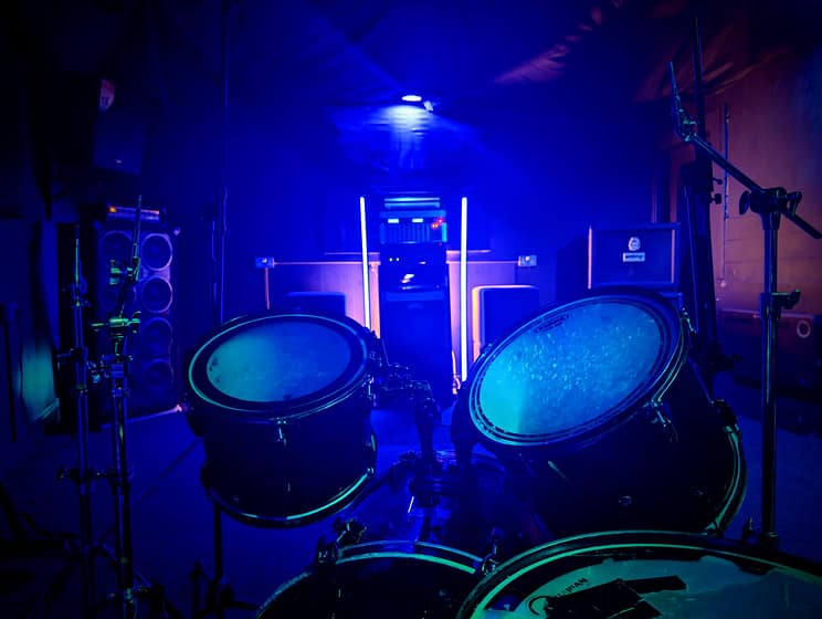 Pearl drums and PA in doldrums studio. Musicians in yorkshire